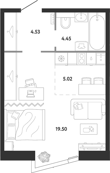 Планировка: Студия 33,5 м² в ЖК «Ридж»