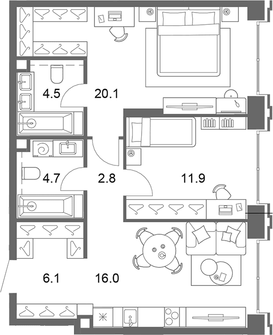 Планировка: Евротрёшка 66,2 м² в ЖК «ОМ Ботанический»