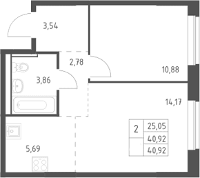 Планировка: Евродвушка 40,9 м² в ЖК «Егорово парк»