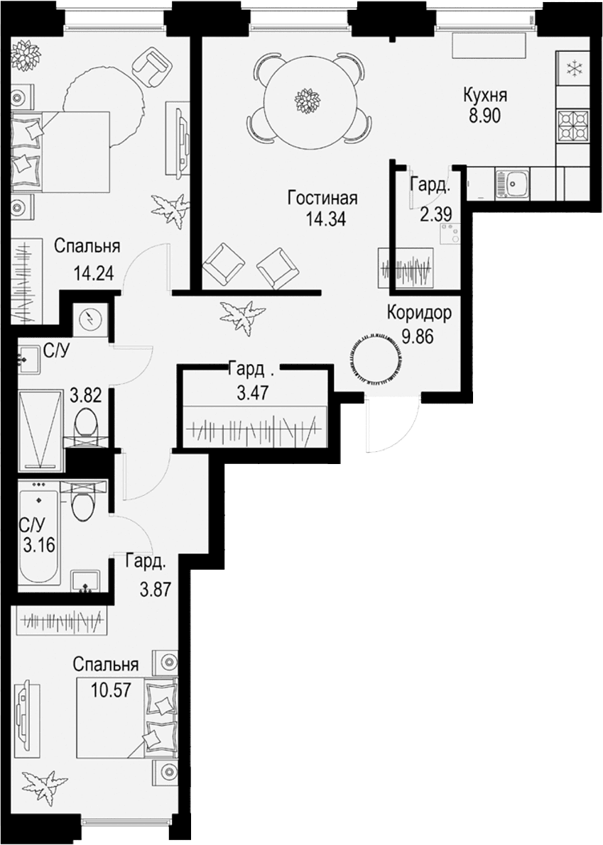 Планировка: Евротрёшка 74,6 м² в ЖК «ID Petrogradskaya»