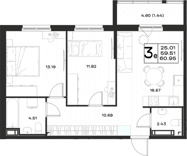 Планировка: Евротрёшка 59,5 м² в ЖК «Имена»
