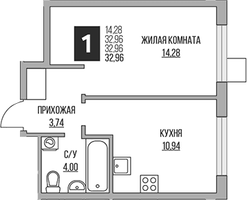 Планировка: 1-комнатная квартира 33 м² в ЖК «Гранель Притяжение Сити»