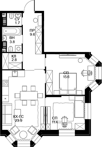 Планировка: 2-комнатная квартира 68,7 м² в ЖК «Театральный квартал»