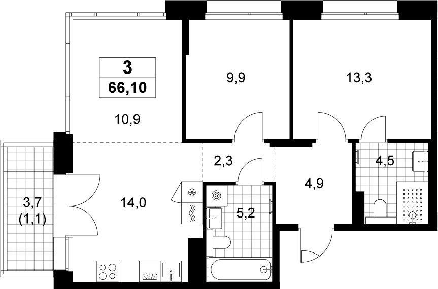 Планировка: Евротрёшка 65 м² в ЖК «Хольм»