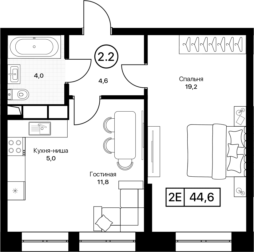 Планировка: Евродвушка 44,6 м² в ЖК «Пушкино Град»