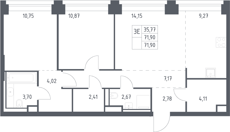 Планировка: Евротрёшка 71,9 м² в ЖК «НОВА»