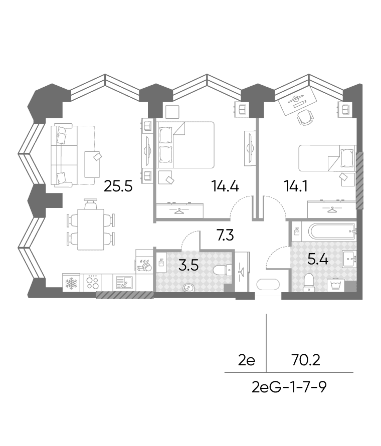Планировка: Евротрёшка 70,2 м² в ЖК «ЗилАрт»