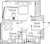 Планировка: 1-комнатная квартира 36,5 м² в ЖК «СЕЗАР БУДУЩЕЕ»