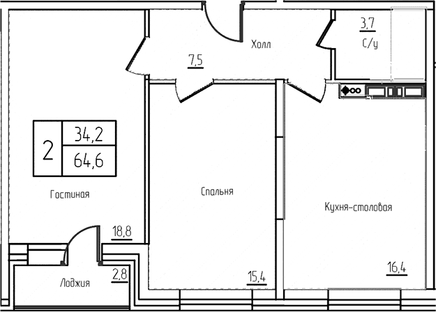 Планировка: Евротрёшка 61,8 м² в ЖК «Троицкий»