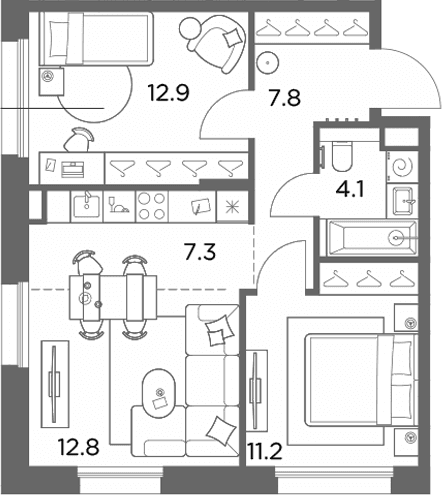 Планировка: Евротрёшка 56,1 м² в ЖК «Станиславский»