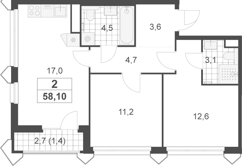 Планировка: Евротрёшка 56,7 м² в ЖК «Деснаречье»