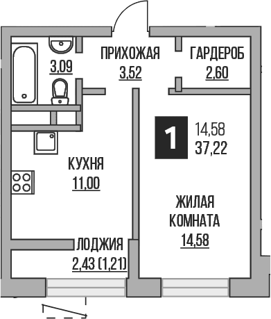 Планировка: 1-комнатная квартира 34,8 м² в ЖК «Гранель Пехра»