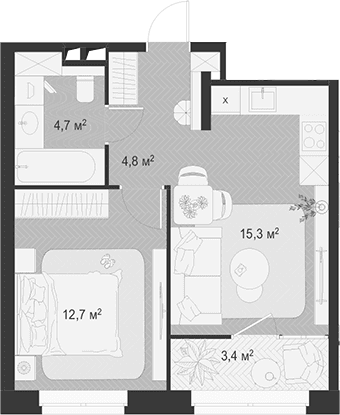 Планировка: Евродвушка 37,5 м² в ЖК «Гранд Комфорт 3»