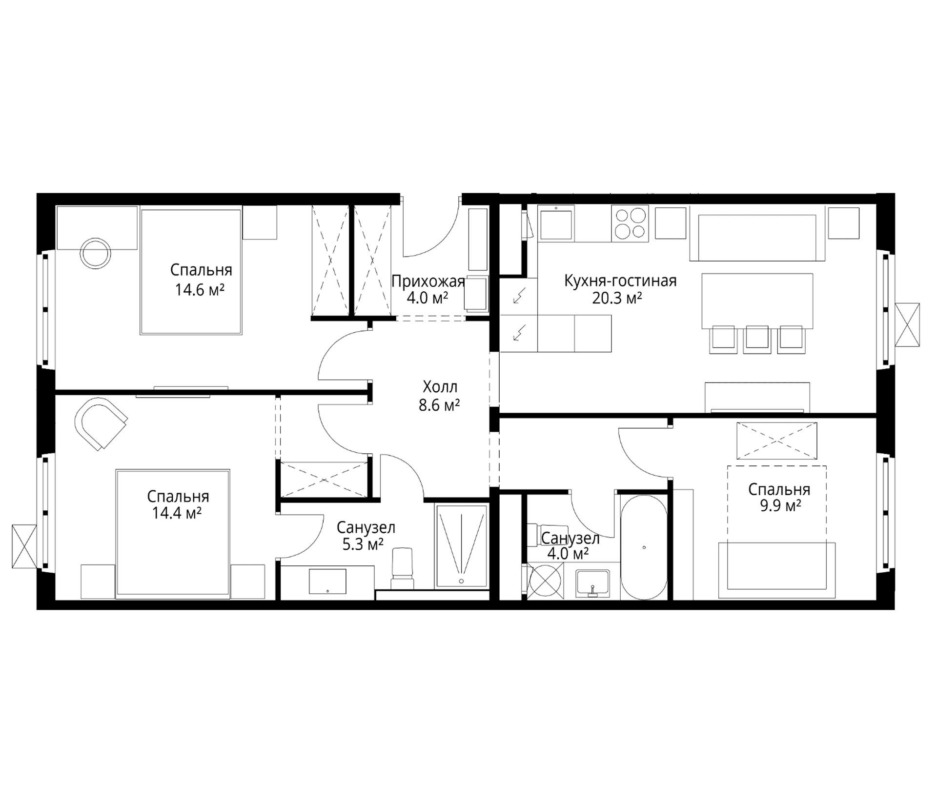 Планировка: Квартира евро-4 81,1 м² в ЖК «У реки.Эко Видное 2.0»