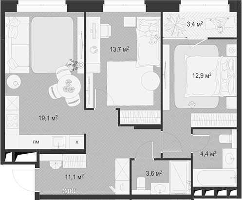 Планировка: Евротрёшка 64,8 м² в ЖК «Гранд Комфорт 3»