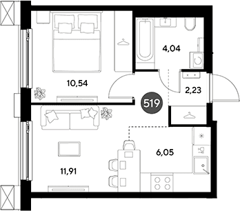 Планировка: Евродвушка 34,8 м² в ЖК «ЭВО»