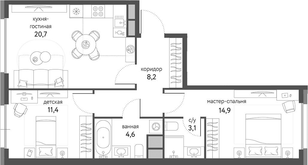 Планировка: 2-комнатная квартира 62,9 м² в ЖК «Сиреневый парк»
