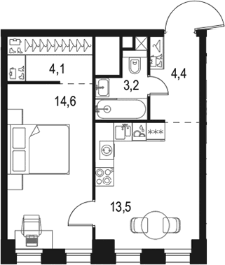 Планировка: 1-комнатная квартира 39,8 м² в ЖК «Левел Селигерская»