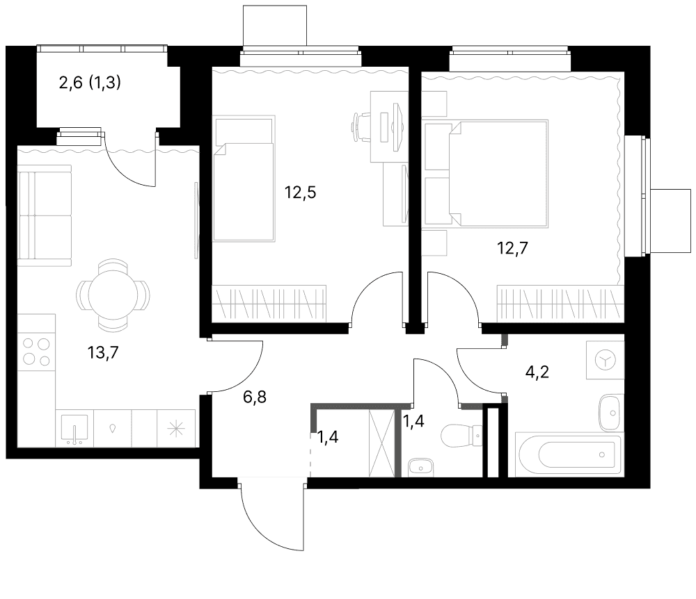 Планировка: 2-комнатная квартира 52,7 м² в ЖК «1-й Ясеневский»