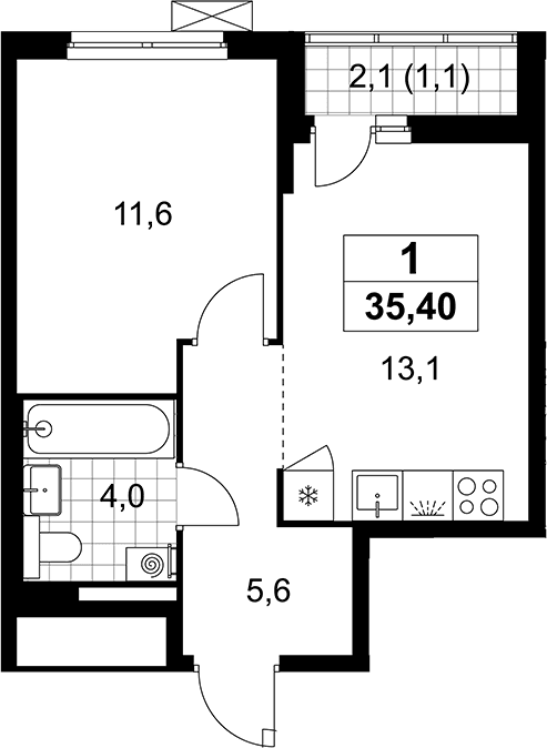 Планировка: 1-комнатная квартира 34,3 м² в ЖК «Деснаречье»