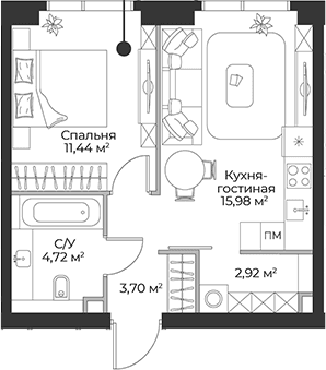 Планировка: Евродвушка 38,8 м² в ЖК «Гранд Фили»