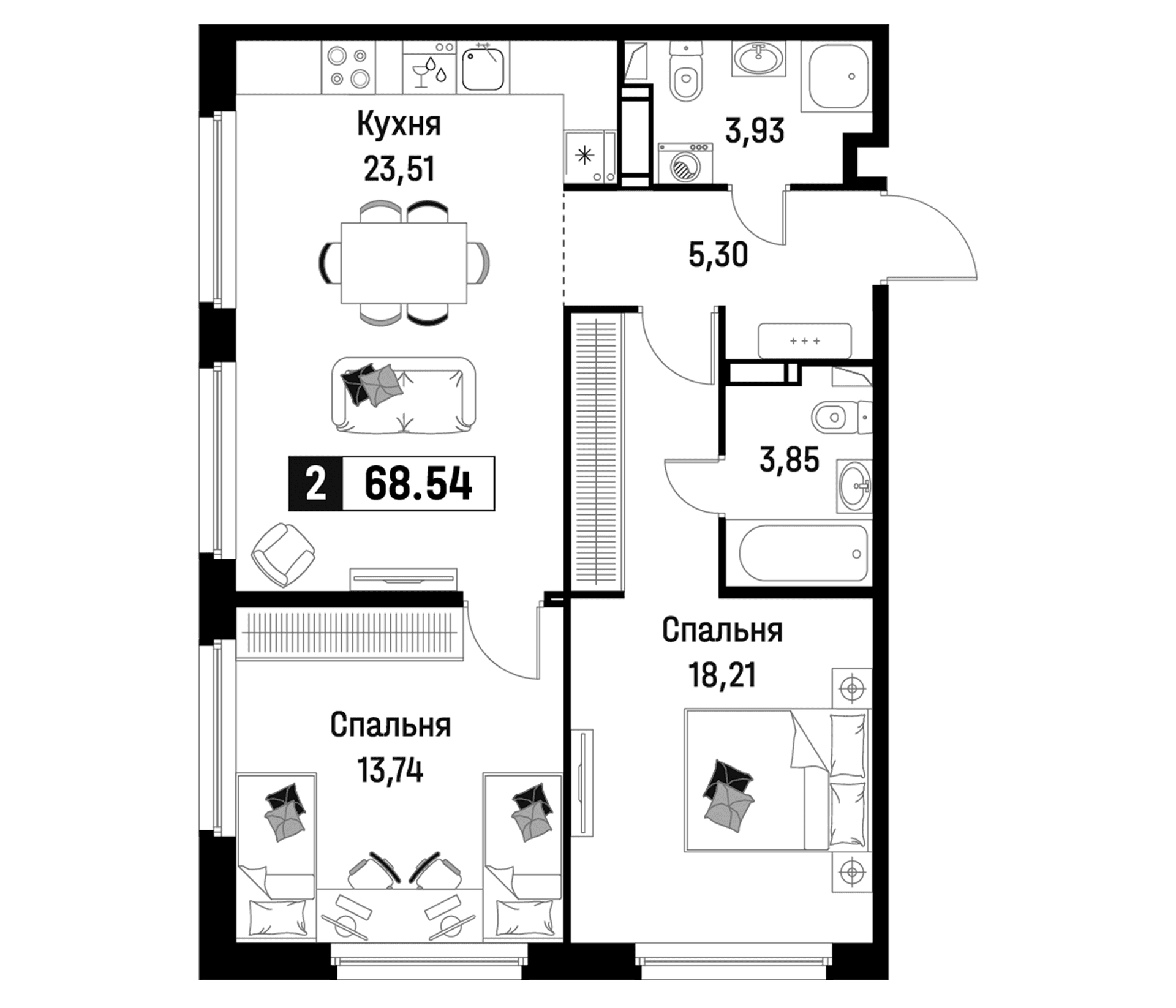 Планировка: Евротрёшка 68,5 м² в ЖК «Максималист»