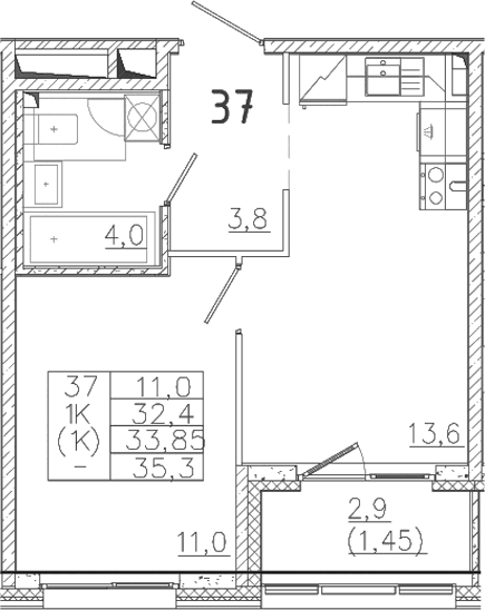 Планировка: 1-комнатная квартира 32,4 м² в ЖК «Лисино»