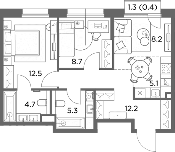 Планировка: Евротрёшка 56,7 м² в ЖК «Станиславский»