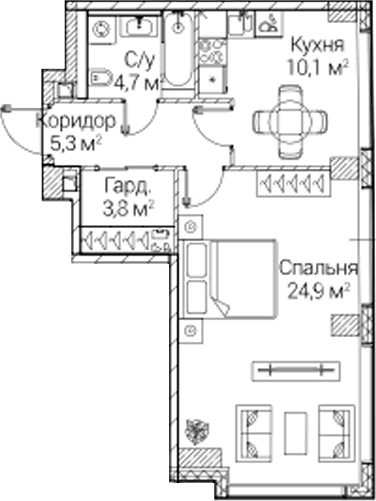 Планировка: 1-комнатная квартира 49,4 м² в ЖК «СЕЗАР БУДУЩЕЕ»