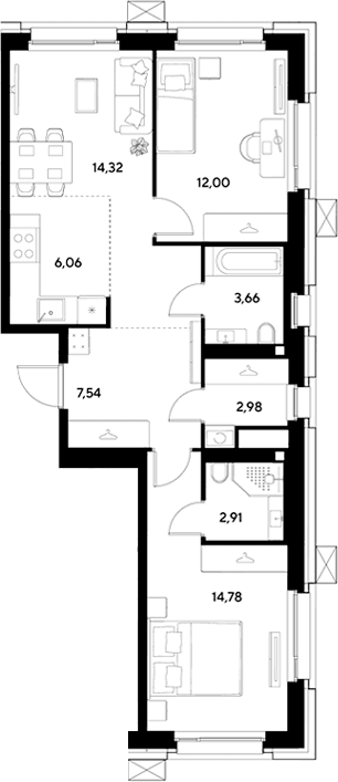 Планировка: Евротрёшка 64,3 м² в ЖК «ЭВО»