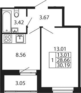 Планировка: 1-комнатная квартира 28,7 м² в ЖК «Полис Новоселье»