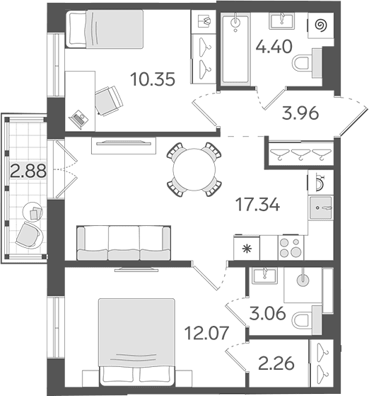 Планировка: Евротрёшка 53,4 м² в ЖК «СТАВНИ Обводный»