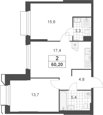 Планировка: Евротрёшка 60,2 м² в ЖК «Южные сады»