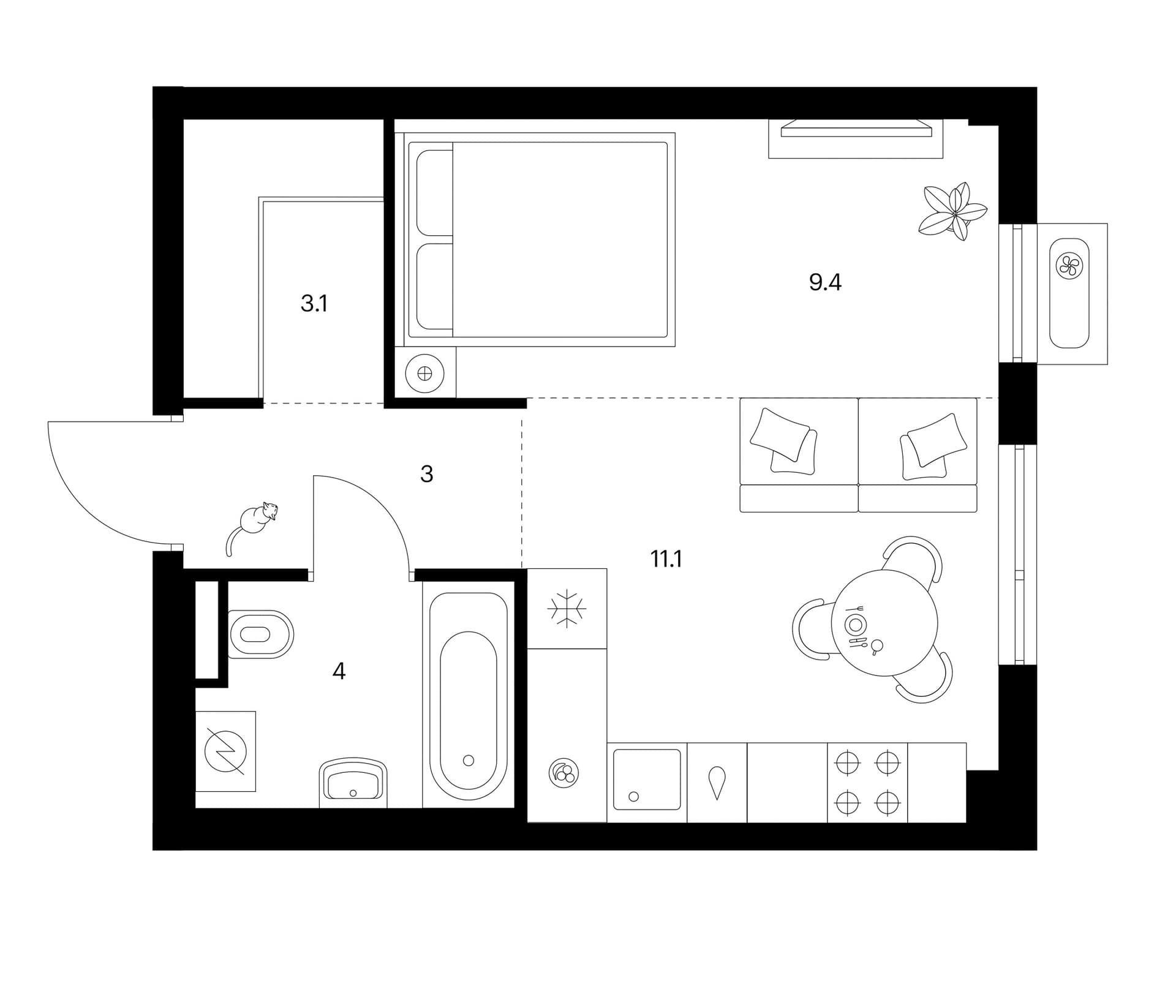 Планировка: Студия 30,6 м² в ЖК «Зеленый парк»