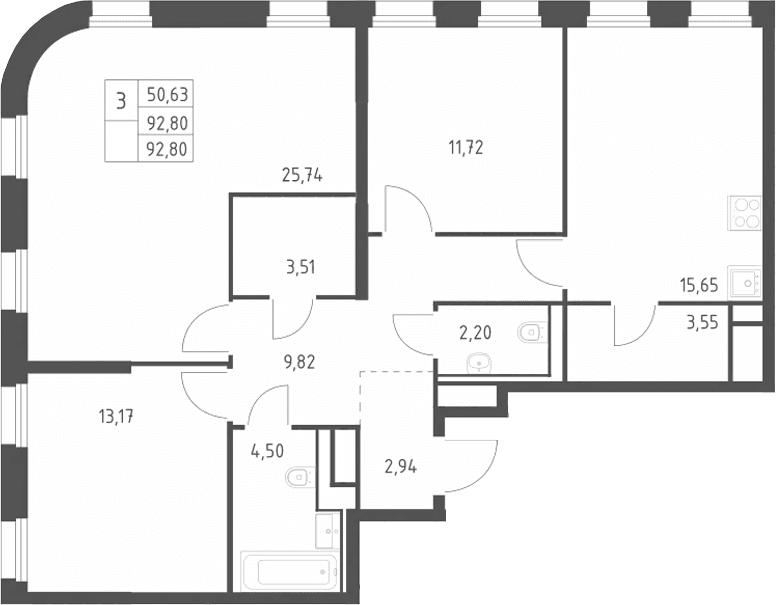 Планировка: Квартира евро-4 92,8 м² в ЖК «Квартал на воде»