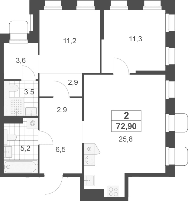 Планировка: Евротрёшка 72,9 м² в ЖК «Деснаречье»