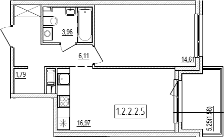 Планировка: Евродвушка 43,4 м² в ЖК «Новый Ямбург»