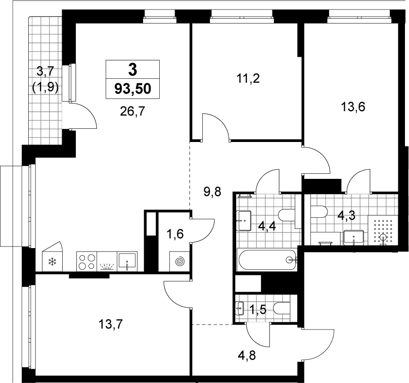 Планировка: Квартира евро-4 91,6 м² в ЖК «Деснаречье»