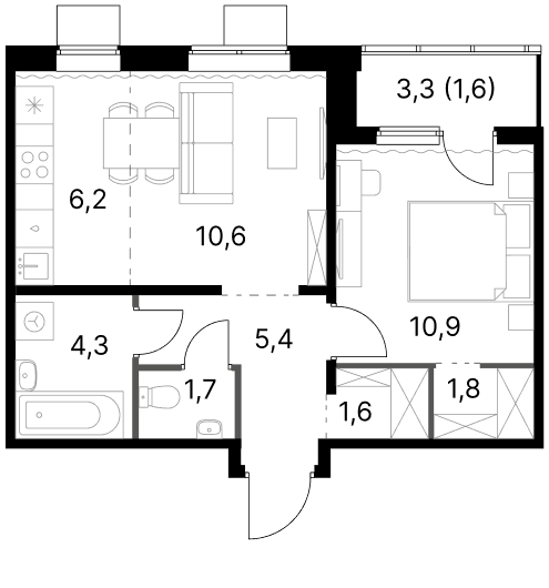 Планировка: Евродвушка 42,5 м² в ЖК «1-й Ясеневский»