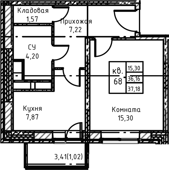 Планировка: 1-комнатная квартира 40,1 м² в ЖК «Высокий Берег»