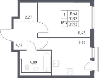 Планировка: 1-комнатная квартира 31,9 м² в ЖК «Невская Долина»