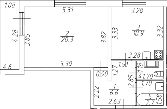 Планировка: 1-комнатная квартира 42,1 м² в ЖК «Тандем»
