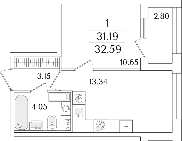 Планировка: 1-комнатная квартира 31,2 м² в ЖК «Аурум»