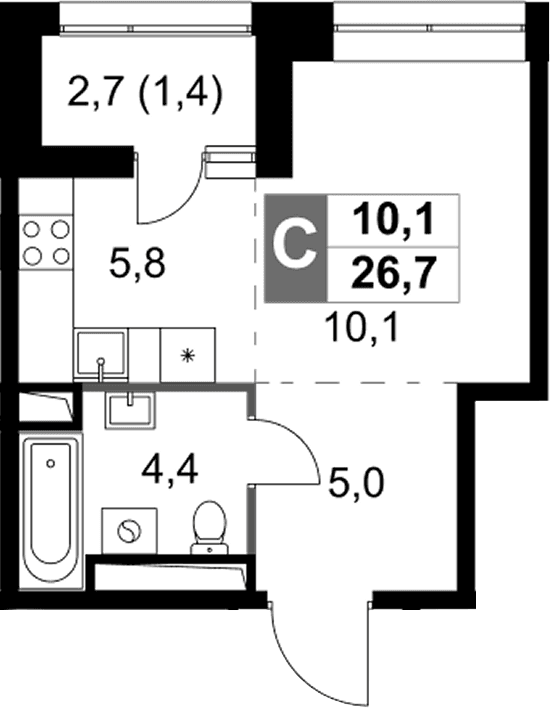 Планировка: Студия 25,3 м² в ЖК «Скай Гарден»