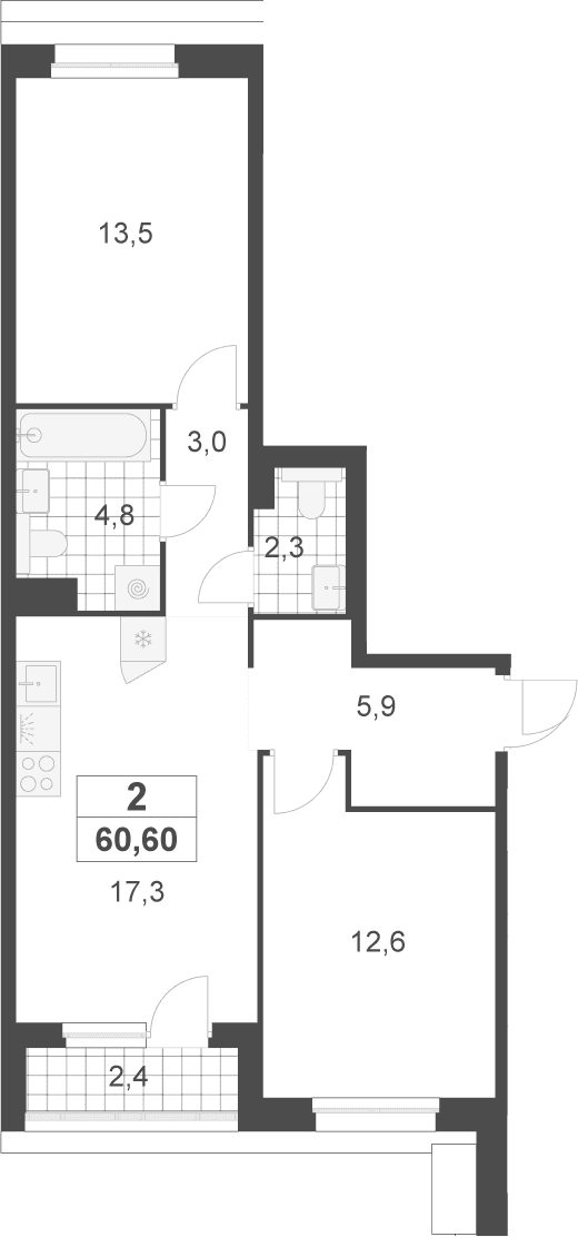 Планировка: Евротрёшка 59,4 м² в ЖК «Деснаречье»