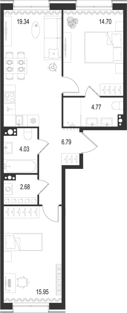 Планировка: Евротрёшка 68,3 м² в ЖК «Остров Первых»