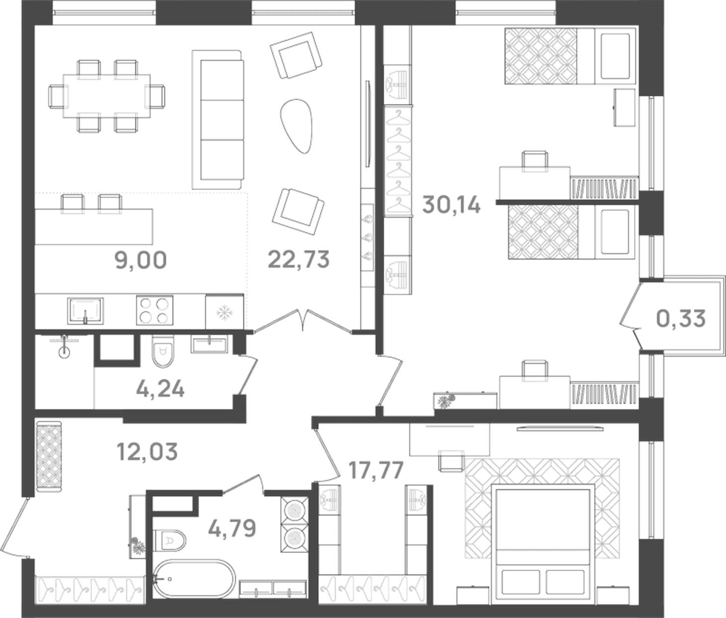 Планировка: Евротрёшка 102,3 м² в ЖК «6 Квартал»