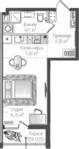 Планировка: Студия 30,5 м² в ЖК «Рига Хиллс»