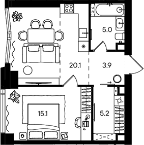 Планировка: Евродвушка 49,3 м² в ЖК «СТОУН Блик»