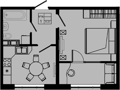 Планировка: 1-комнатная квартира 33,2 м² в ЖК «PIXEL»